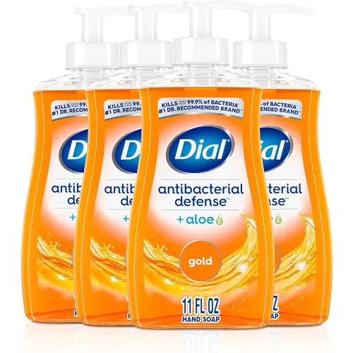 Dial Antibacterial Defense Liquid Hand Soap + Aloe, Gold Scent, 11 Fl Oz (Pack of 4), Dermatologist-Tested Hand Wash, Gentle Formula