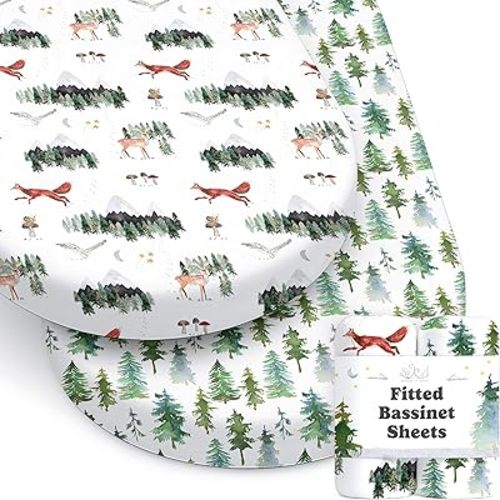 Baby Bassinet Sheets for Boy, Girl (Woodland Forest Animals) 2-Pack - Fitted Bedside Bassinet Sheets - Buttery Soft Cotton Blend for Standard Mattress Pad - Compatible with Halo BassiNest