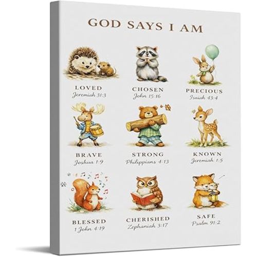 CWOJE Christian Wall Art God Says I Am Canvas Artwork Bible Verse Print Cute Woodland Animal Faith Affirmation Poster for Nursery Classroom Kids Room Playroom Religious Home Decor 8x10 Inch