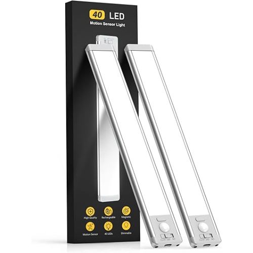10inch Under Cabinet Lighting, 2 Pack Rechargeable Motion Sensor Light Indoor, 5 Levels Dimmable Magnetic Closet Lights, Wireless Under Counter Lights for Kitchen, Stairs