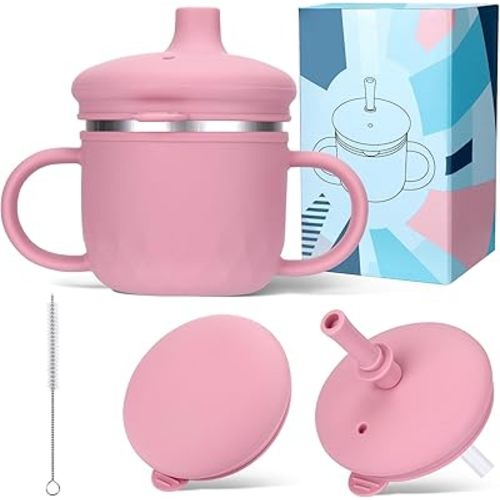 BUSOHA Stainless Steel Sippy Cups - 3 IN 1 Silicone Sippy Cup for Toddlers Baby Straw Cup with Brush Kids Cups with Lid and Silicon Straw Anti-Drop Spill Proof Cups for Travel,8 oz, Pink