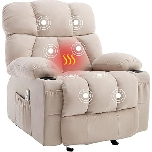 Massage Rocker Recliner Chair with Heat and Vibration Ergonomic Rocking Lounge Chair for Living Room Comfy Overstuffed Recliner with 4 Side Pockets,2 Cup Holders, USB Charge Port,Beige