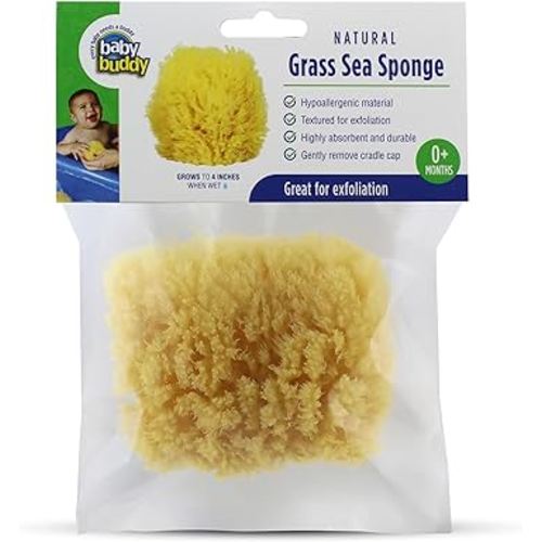 Baby Buddy Natural Grass Sea Sponge, Body Sponge Textured for Exfoliation, Works for Cradle Cap, Yellow, 4in, 1 Count