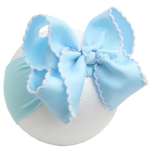 6'' Jumbo Blue Baby Girls Bow Headbands, Soft Nylon Headwraps | Boutique Handmade Grosgrain Moonstitch Bow Hairbands, Super Stretchy Nylon Hair Accessories for Newborns, Infants & Toddlers