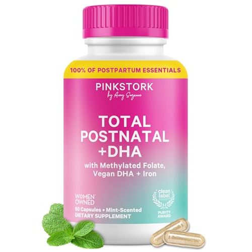 Pink Stork Total Postnatal Vitamins for Women | Vegan Algae DHA, Methylated Folate, Iron, B12 | Postpartum Recovery + Lactation Support | No Fishy Burps | Clean Label Award Winner | 60 Capsules, Mint