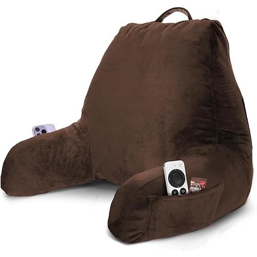 Nestl Reading Pillow with Shredded Memory Foam Designed for Sitting Up in Bed and Couch, Back and Arms Adjustable Support for Adult & Teens Backrest Pillows for Reading Washable Cover, Chocolate Brown