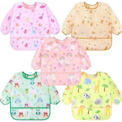 Accmor 5 Pack Long Sleeve Bibs, Baby Smock Waterproof Sleeved Bib Smock for Baby Toddler 6-36 Months