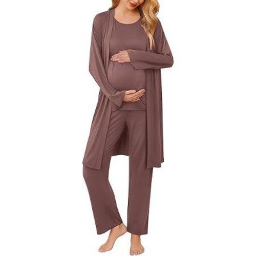 Ekouaer Maternity Nursing Robe Set 3 Pieces Sleeveless Top, Pregnancy Pants & Robe Double Layer Pajamas S-XXL Brown L
