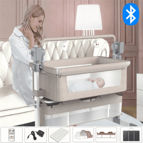 Electric Baby Crib Rocking Baby Bed with Remote Control Bed-Sharing Baby Cradles and Bassinets with Bluetooth Music Speaker,Khaki