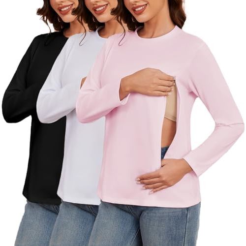 Liu & Qu Women's 3 Pack Nursing Shirts for Breastfeeding with Hidden Zippers Long Sleeves Comfort and Soft Nursing Tops