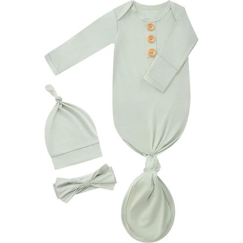 Newborn Knotted Gown Set, Soft Breathable Baby Sleep Gown with Hat & Headband for Boys Girls