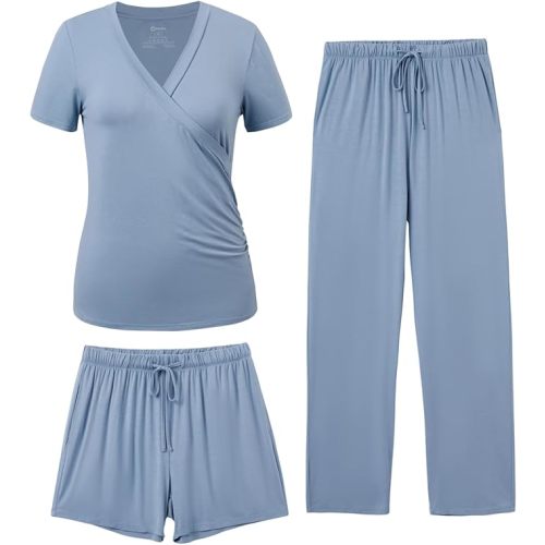 PATPAT 3-Piece Maternity Nursing Pajamas, Pregnancy to Postpartum Breastfeeding Pjs with Pockets, Soft Sleepwear, S-XXL