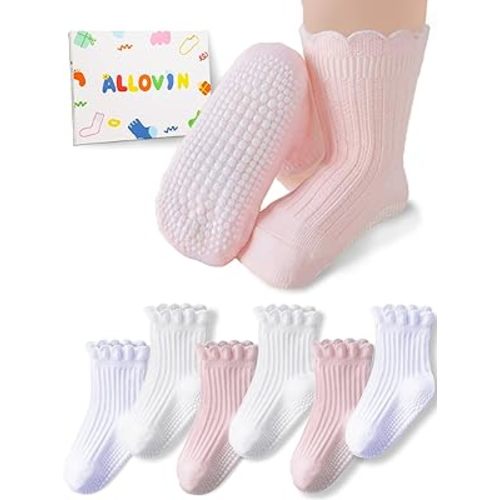 ALLOVIN 6 Pairs Baby & Toddler Girls Non-Slip Ruffle Lace Socks Soft Cotton Grip Socks Ideal Gift for Baby Shower & Birthday