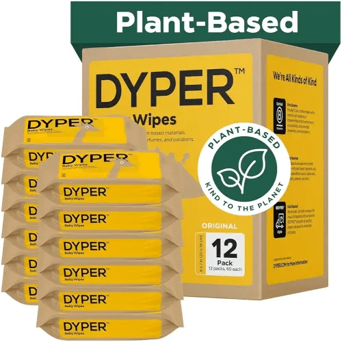 DYPER Baby Wipes Unscented (720 Count) - 99% Water-Based & Hypoallergenic Baby Wipes, Made with Plant-Based Materials, Gentle for Sensitive Skin, Fragrance & Plastic-Free Wet Wipes, 12 Pack