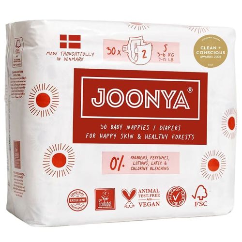 Joonya Baby Diapers, Size 2 S (7-13 lb) - 1 Bag of 30 - Non Toxic, Eco-Friendly, High Absorbency, Overnight Use, Ultra Slim & Soft - Made in Denmark
