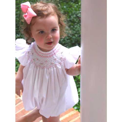 Smocked Rosette Bubble Romper with Flutter Sleeves - Baby Girl, Vintage Style, Heirloom, Machine Washable 306 *B
