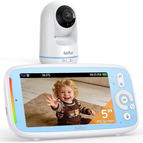 Upgraded 360 View Baby Monitor No WiFi, Boifun 5'' 3X Zoom Display, Rotatable Video Baby Monitor Camera, IPS 720p Wireless (Moniteur Bébé), Easy to Use and Set Up,VOX Sound Detection,Night Vision