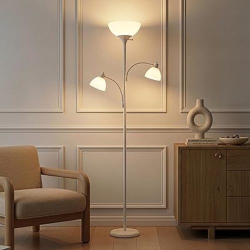Brightech Sky Dome Double – High Brightness Torchiere Floor Lamp with 2 Reading Lights for Living Rooms, Bedrooms – Replace Halogen Standing Lamps with Efficient LED Office Lighting - Tall White Pole