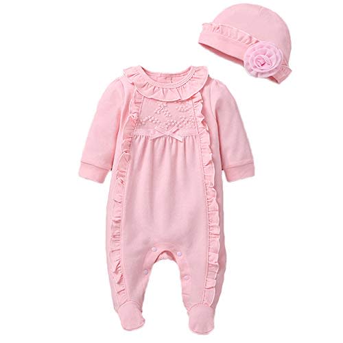 Infant Baby Girl Ruffled Cotton Footies Footed Overall Romper with Hat Toddler Baby Footed Jumpsuit
