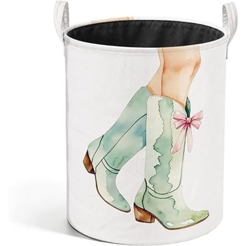 Pink Bow Cowgirl Western Laundry Basket, Sage Green Boots Southwestern Laundry Hamper Waterproof Collapsible Clothes Toys Storage Bin Organizer for Girls Bedroom Bathroom Home