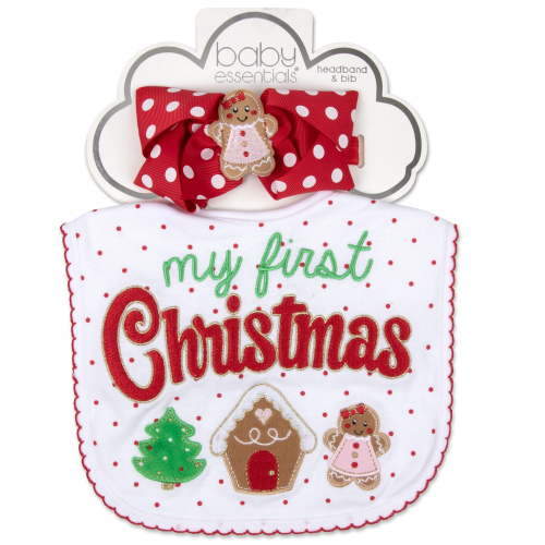 Baby Essentials My 1st Christmas Bib Set for Baby Girls, Holiday Bibs with Hairbow, Christmas Baby Gift Set (White Red)
