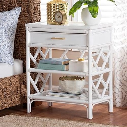 Bali & pari Daina Natural Rattan Nightstand with Drawer and Open Shelves– Coastal Bedside Table with Geometric Design, White, 1-Drawer, 22-inch Wide