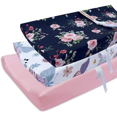 AMROSE 3 Pack Easy Care Changing Pad Covers, Ultra Soft Microfiber Diaper Change Table Sheets for Baby Girls, Floral & Butterfly & Pink