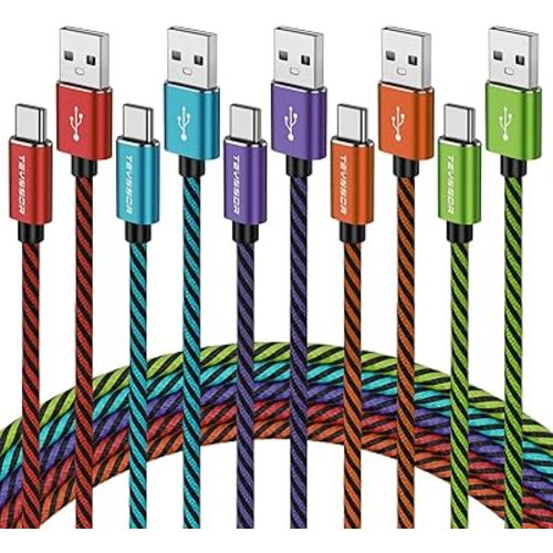 Teyssor USB C Cable 10FT 5-Pack Nylon Braided USB A to Type C Charger Cable Fast Charging Cord Compatible with Samsung Galaxy S24 S23 S22, Note 20 10 9 8, Moto G7 G8 Type C Cable