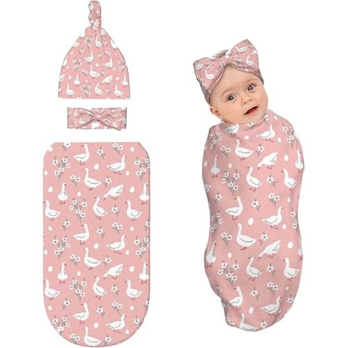 Goose Baby Stuff Newborn Swaddle Blanket with Beanie Hat and Headband Set,Baby Swaddle Blanket Gifts for Infant Shower Boys Girls
