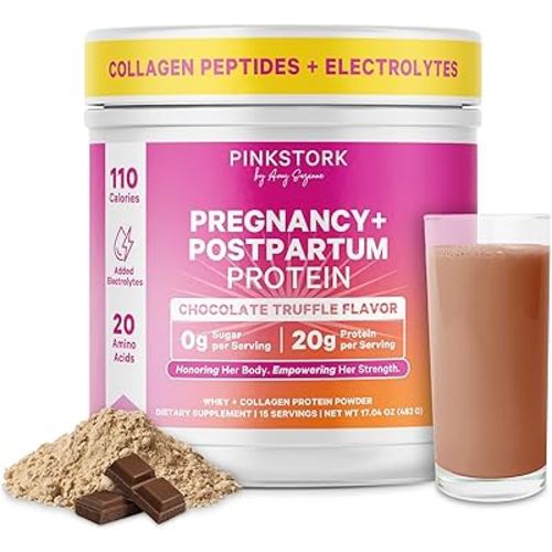 Pink Stork Pregnancy & Postpartum Protein Powder for Women, 20g Whey & Collagen, Prenatal & Breastfeeding Protein Shake Mix for Energy, Recovery & Hydration, Chocolate, 15 Servings