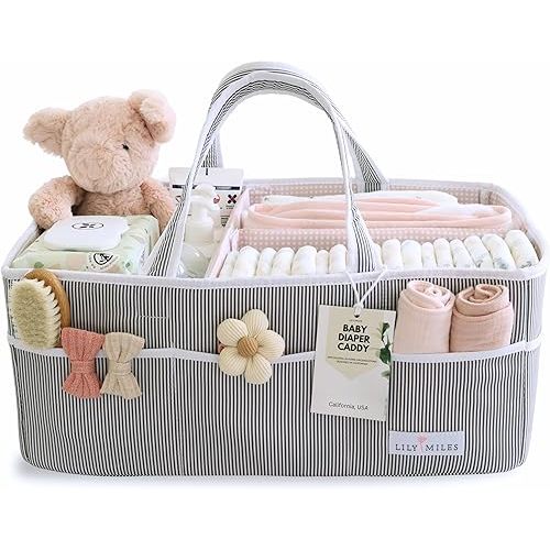 Lily Miles Baby Diaper Caddy - Organizer Tote Bag for Baby Girl Essentials - Baby Shower Basket - Nursery Must Haves - Registry Favorites - Newborn Caddie Car Travel - Gray/Blush, Extra Large
