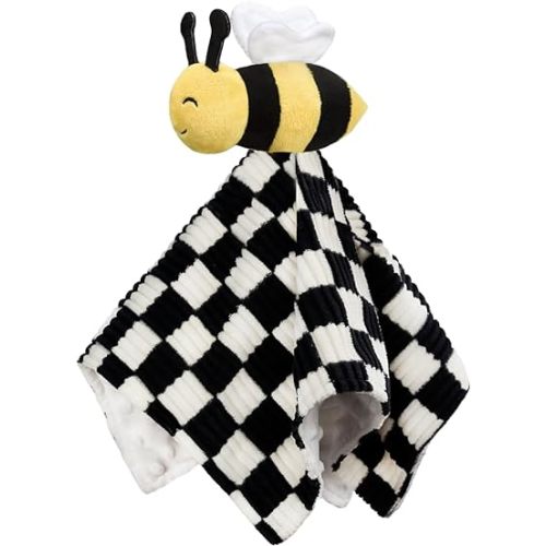 Baby Lovey Blanket for Boys Girls Super Soft Checkerboard Gingham with Minky Dot Fabric Backing Bee Stuffed Animal Lovely Snuggle Toy Black 14 Inch