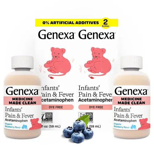 Genexa Infants’ Clean Pain & Fever Acetaminophen, Dye Free, 0% Artificial Additives, Delicious Organic Blueberry Flavor, Liquid Oral Suspension Medicine for Baby, 160 mg per 5mL, 4 fl oz (2 Pack)