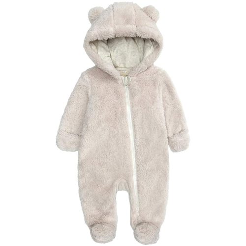 Newborn Baby Snowsuit Fleece Lined Onesie Jumpsuit Warm Hooded Romper for Infant - 3-6M - Beige