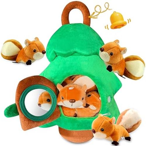 Squirrel Tree Baby Sensory Toy for 6-12 Months, Montessori Plush Hide and Seek Toy for Toddlers 1-3, Infant Developmental Stuffed Animal Playset with 5 Squirrels, Newborn Gift for Boys Girls