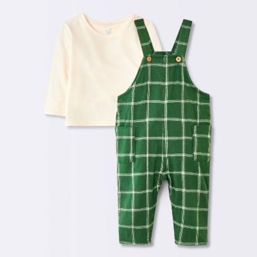 Baby Boys' 2pc Long Sleeve Christmas Holiday T-Shirt and Gingham Overalls Set - Cloud Island™ Green/White