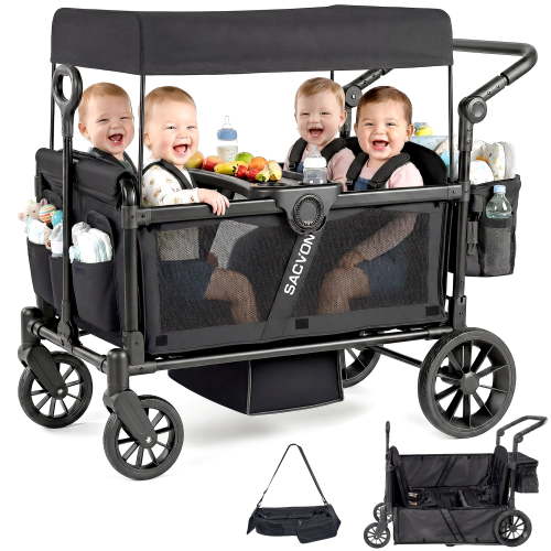SACVON 4-Seater Stroller Wagon with Side Entry, Canopy & Snack Tray, Includes Detachable Storage Bag That Converts to a Backpack–Black