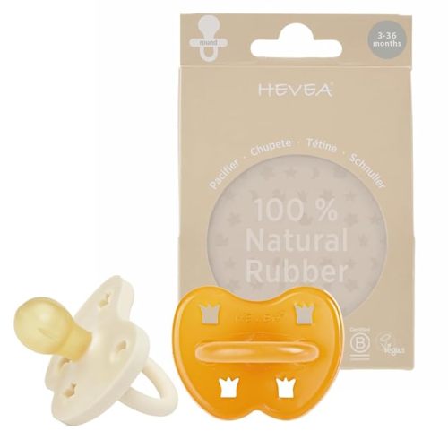 HEVEA Natural Rubber Pacifier Round 3-36 Months – Hygienic One Piece Design for Newborns to Toddlers, BPA-Free, Soft & Durable – 2-Pack (Milky White & Natural)