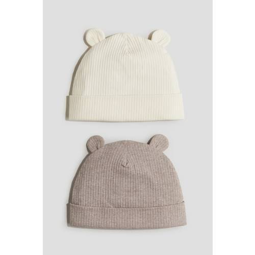 Light beige/dark beige melange 2-pack Ribbed Beanies with Ears for kids | H&M US
