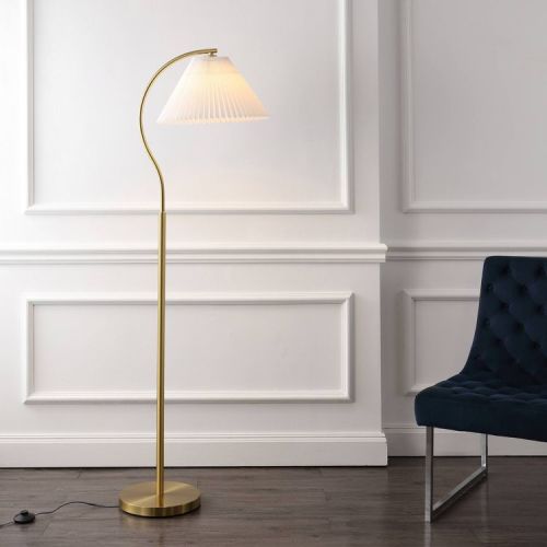 JONATHAN Y Devon 60.5" Modern Glam Metal Arc Floor Lamp with Pleated Shade Brass Gold/White: Single Bulb, Empire Shape