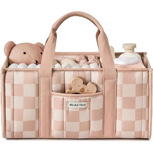 Blissful Diary Checkered Diaper Caddy Organizer, Stylish Nursery Storage Basket, Gift for Baby Shower, Newborn Essentials, Registry Search Must Haves, Pink