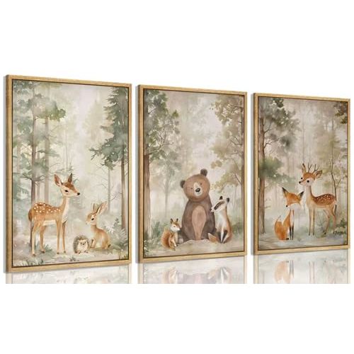 Framed Woodland Animal Nursery Canvas wall art Wild Animals Forest Paintings Pictures Wall Decor Fox Bear Deer Watercolor Poster Print