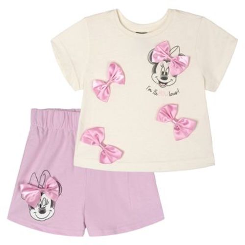 Disney Minnie Mouse Toddler Girls' French Terry Graphic Short Sleeve Top and Shorts Outfit Ivory Pink 3T