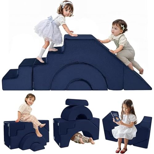 MeMoreCool Modular Kids Sofa, Foam Couch Sofa with Slide & Stair Design, Convertible Kids Couch for Playroom, Sectional Child Furniture for Bedroom Living Room, Navy
