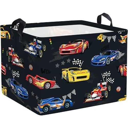 Clastyle Competitive Race Car Kids Book Storage Basket Checkered Flag Clothes Laundry Basket Parents Gift Toy Box for Bedroom Shower, Grey, 40x30x30 cm