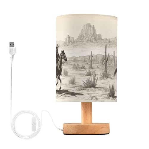 Western Cowboy Bedside Table Lamp for Bedroom Nightstand, Small Eye Care LED Desk Reading Lamp USB Port Wood Base Round Flaxen Fabric Shade for for Kids Room Living Room Office Desk