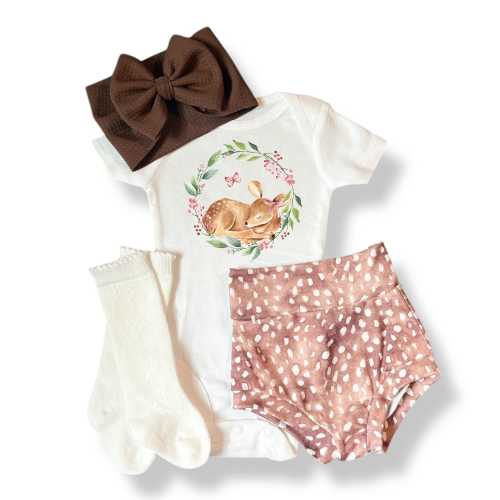 Newborn Deer Outfit: Baby Bodysuit, Bummies, Bow & Socks - Handmade