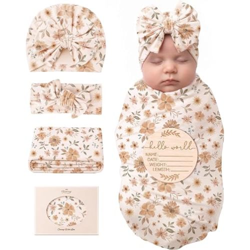 Konssy Baby Swaddle Blanket Set for Girl, 4-Piece Newborn Receiving Blanket