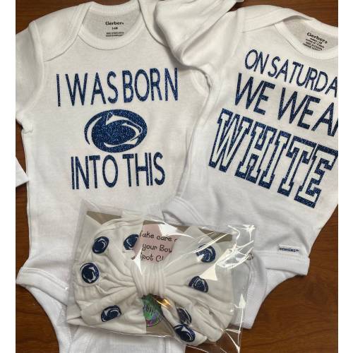 Penn State baby bodysuits , Bows and Bibs; PSU baby gifts; PSU "On Saturdays we Wear White" and "Class of" bodysuits; Nittany