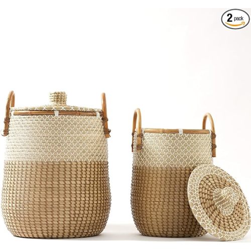 Laundry Baskets Hamper Set of 2, 85L Seagrass Handwoven Storage Basket Clothes Hamper with Handles, 100% Natural Vietnamese Woven Wicker Basket with Lid for Living Room Any Home Style